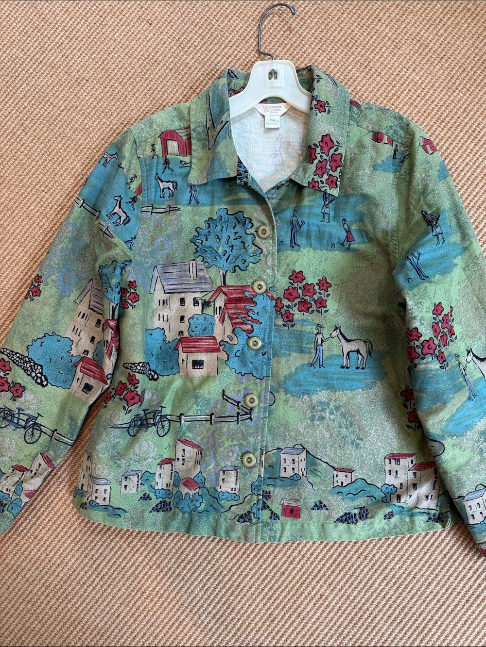 Vintage Style Cropped Lightweight Cotton Jacket/Shirt w/Country Scene